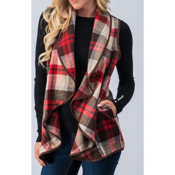 ETWO Plaid Waterfall Open Front Wool Polyester Vest New Size L - Picture 4 of 9